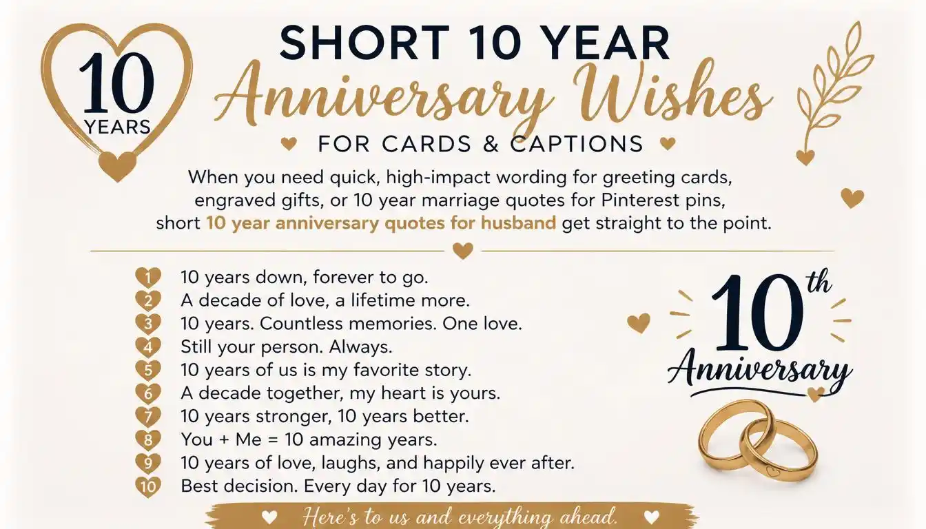 Short 10 Year Anniversary Wishes for Cards & Captions